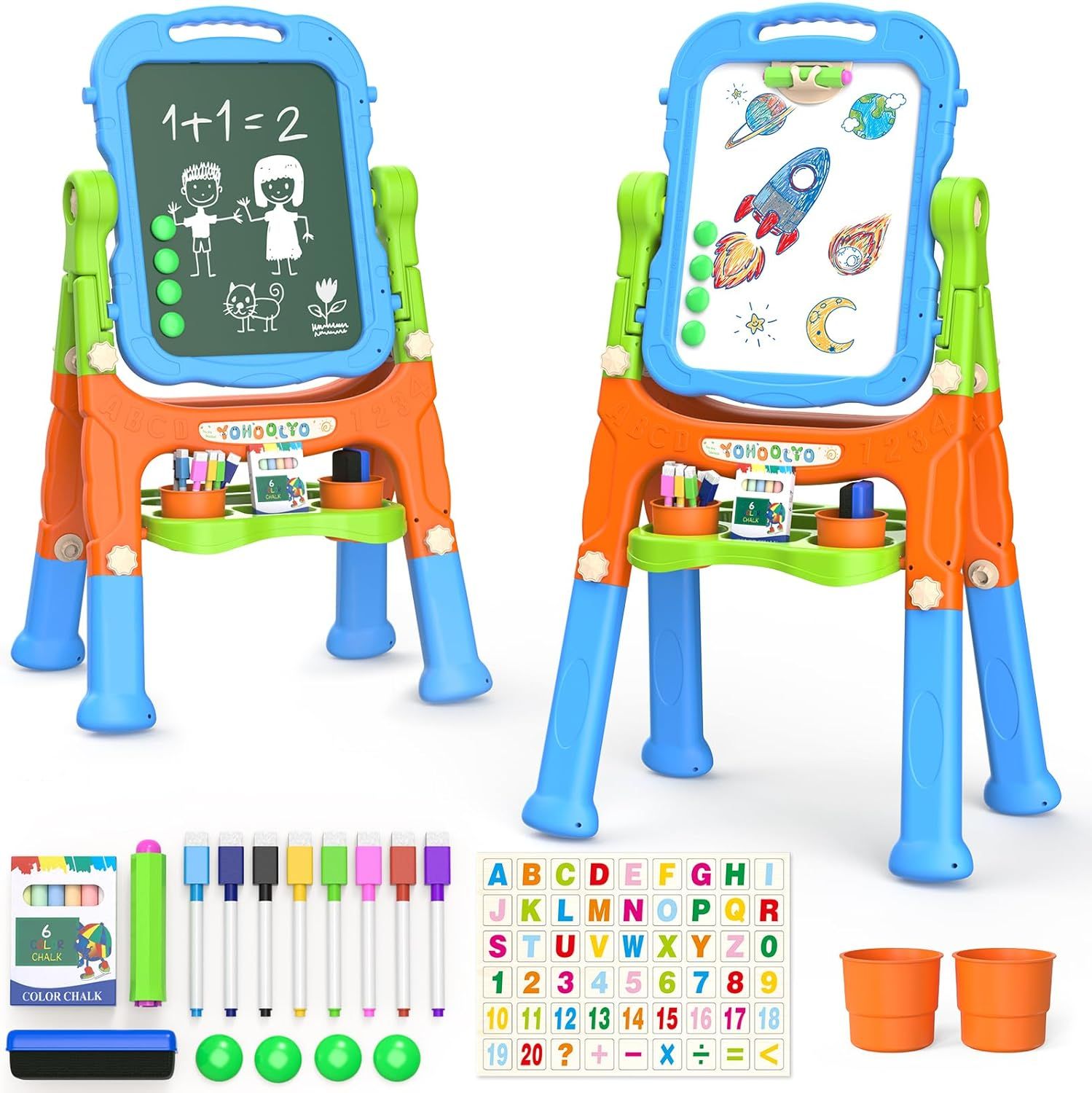 YOHOOLYO Kids Double-Sided Magnetic Chalkboard and Whiteboard Easel