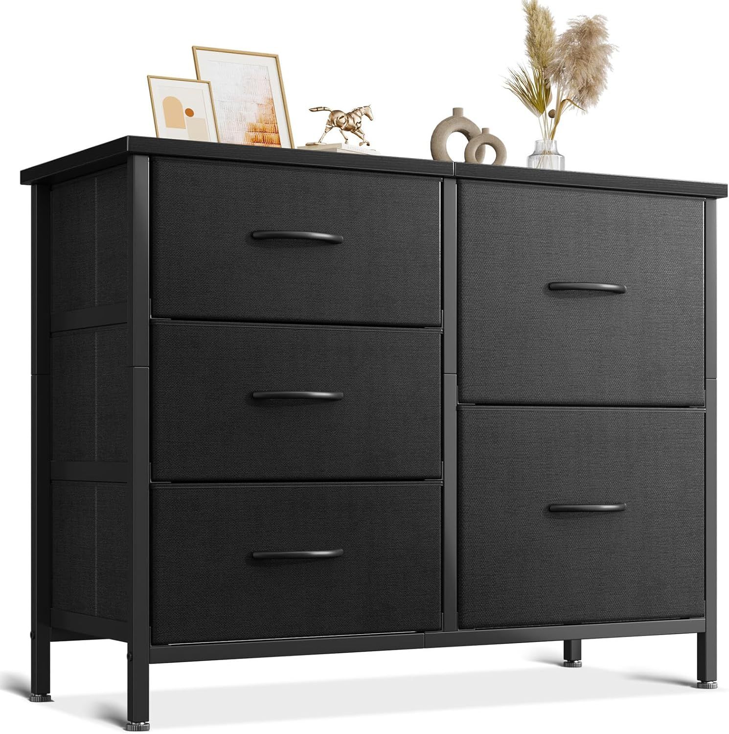 Black Polished Fabric Dresser with Extra Deep Drawer