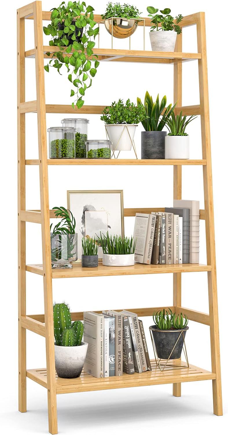 Natural Bamboo 4-Tier Ladder Shelf for Books and Plants