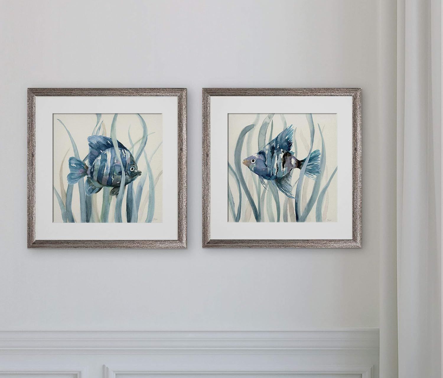 Silver Framed Fish in Seagrass Art Print Set, 16x16