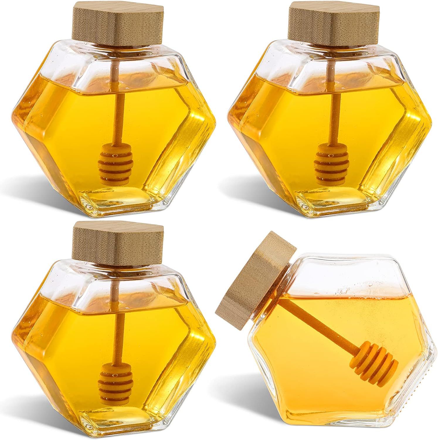 Hexagonal Clear Glass Honey Pots with Wooden Dippers, 7 oz, Set of 4