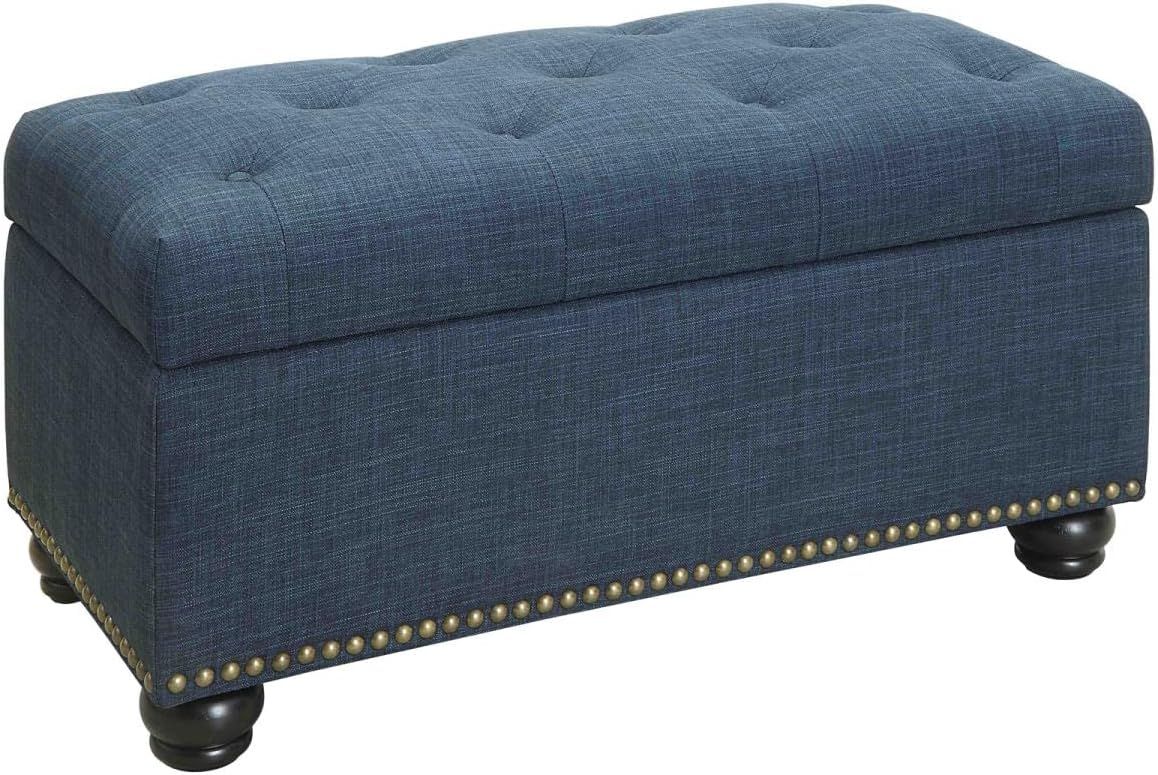 Elegant Blue Velvet Tufted Footstool with Nailhead Trim and Storage