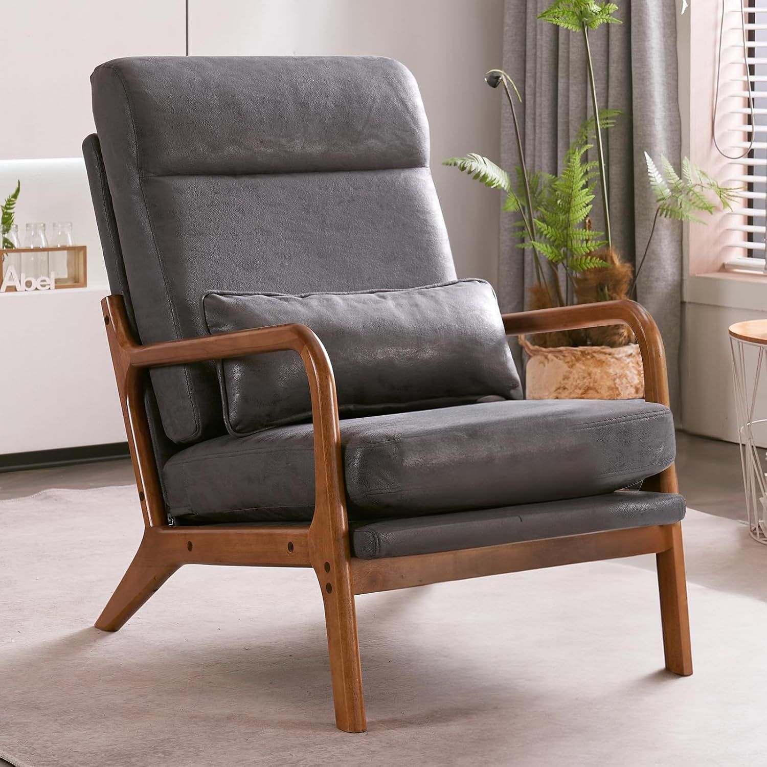 Gray High Back Upholstered Lounge Chair with Solid Wood Frame