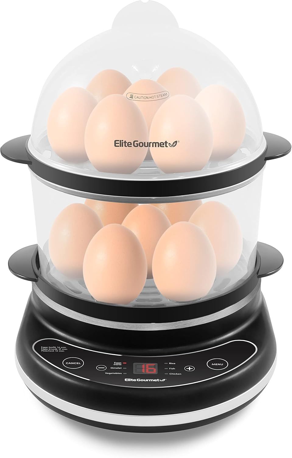 Elite Gourmet Black Digital 2-Tier Egg Cooker and Steamer