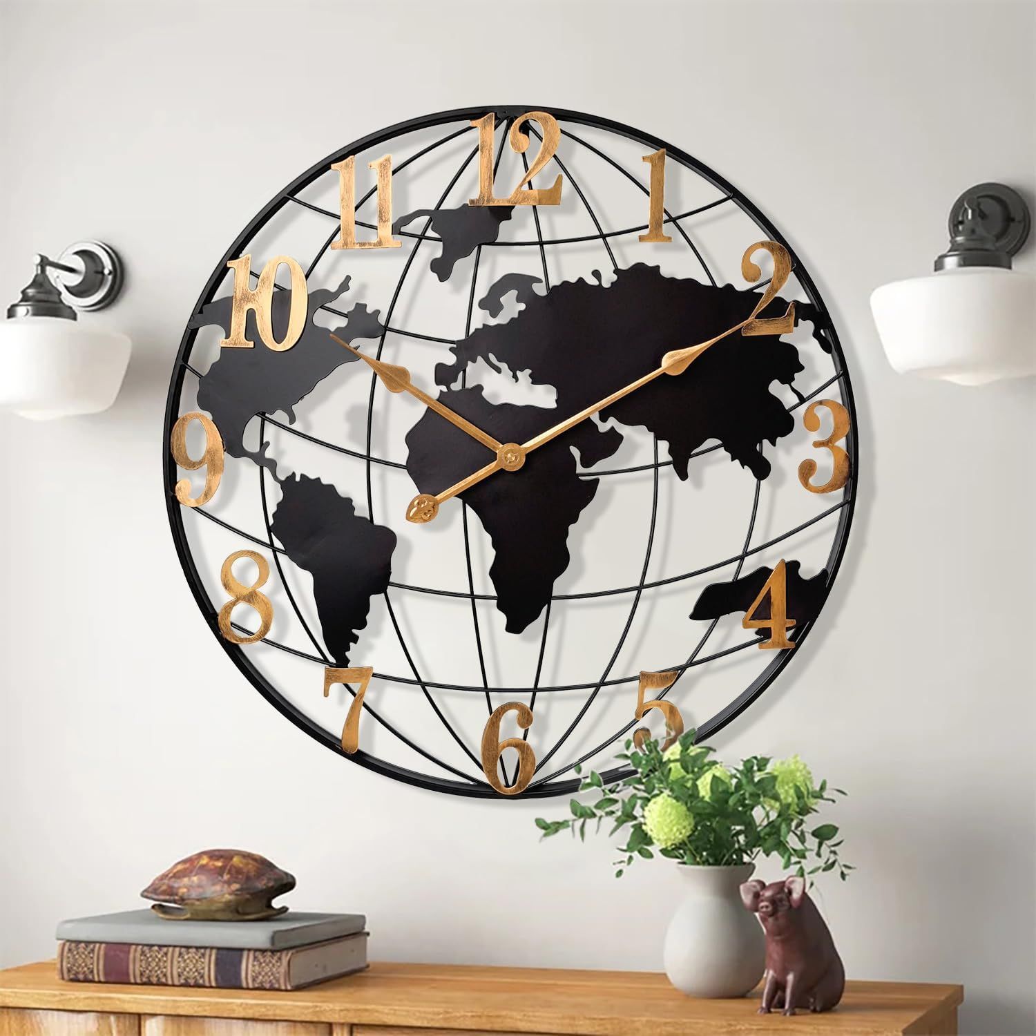 24-Inch Black and Gold Iron World Map Wall Clock