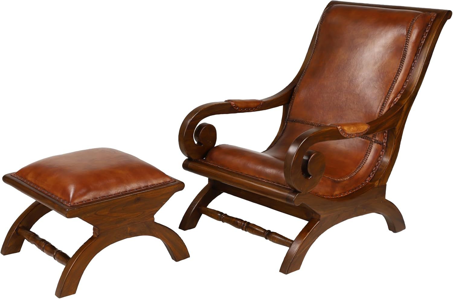 Handcrafted Brown Leather and Teak Wood Accent Chair with Ottoman