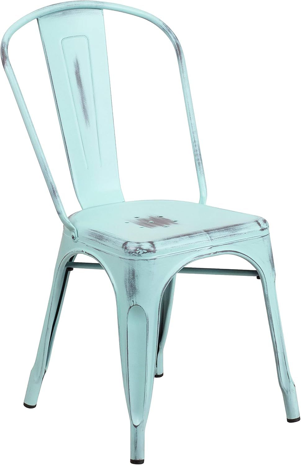 Distressed Green-Blue Metal Stackable Side Chair