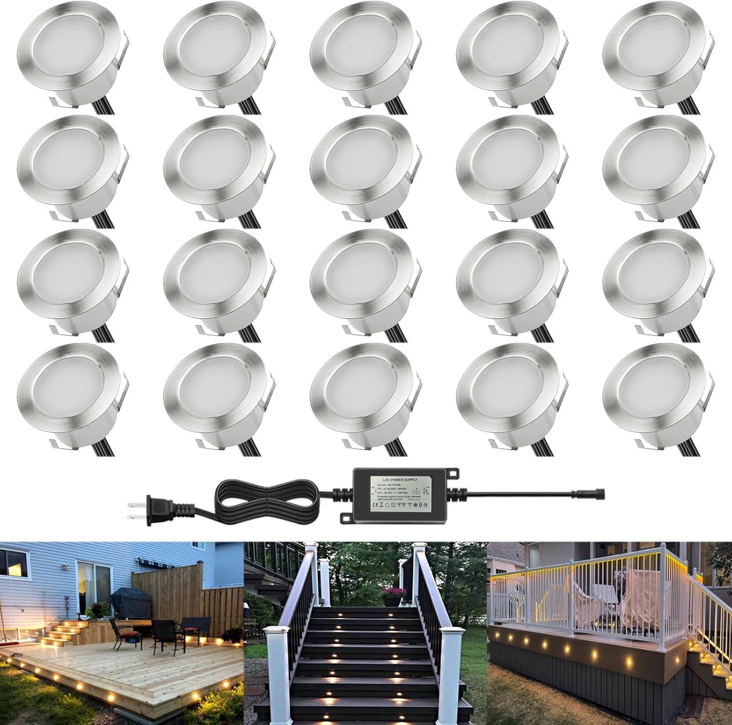 Warm White Stainless Steel LED Outdoor Deck Lights Kit, 20 Pack