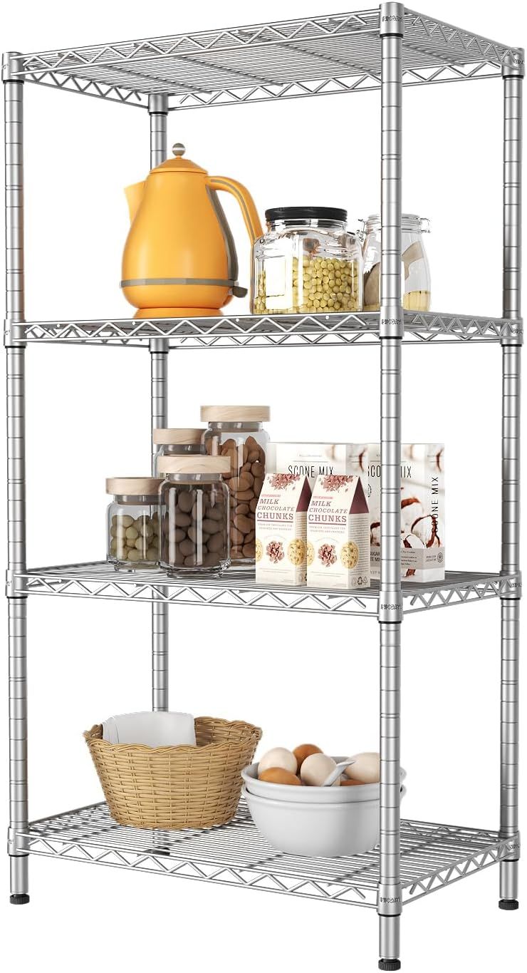 Silver Adjustable 4-Tier Wire Shelving Unit for Kitchen and Office