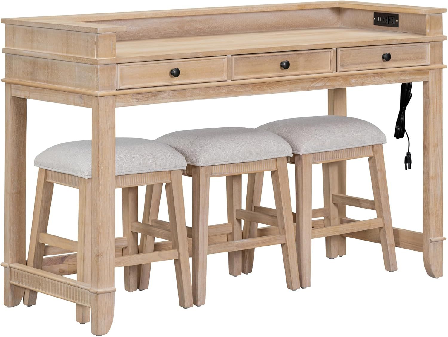 Natural Wood Wash Pub Table Set with USB and 4 Chairs