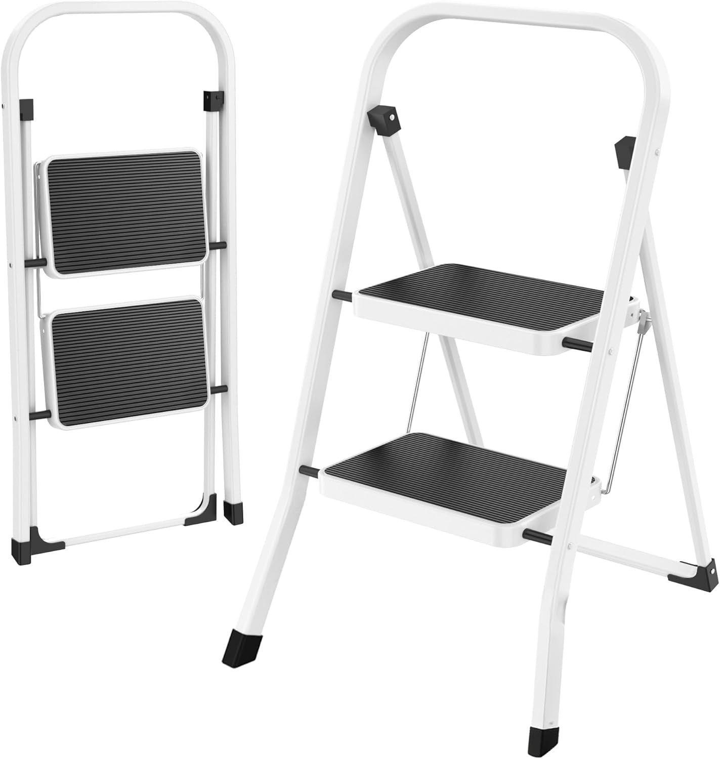 White 2-Step Foldable Steel Ladder with Anti-Slip Pedals