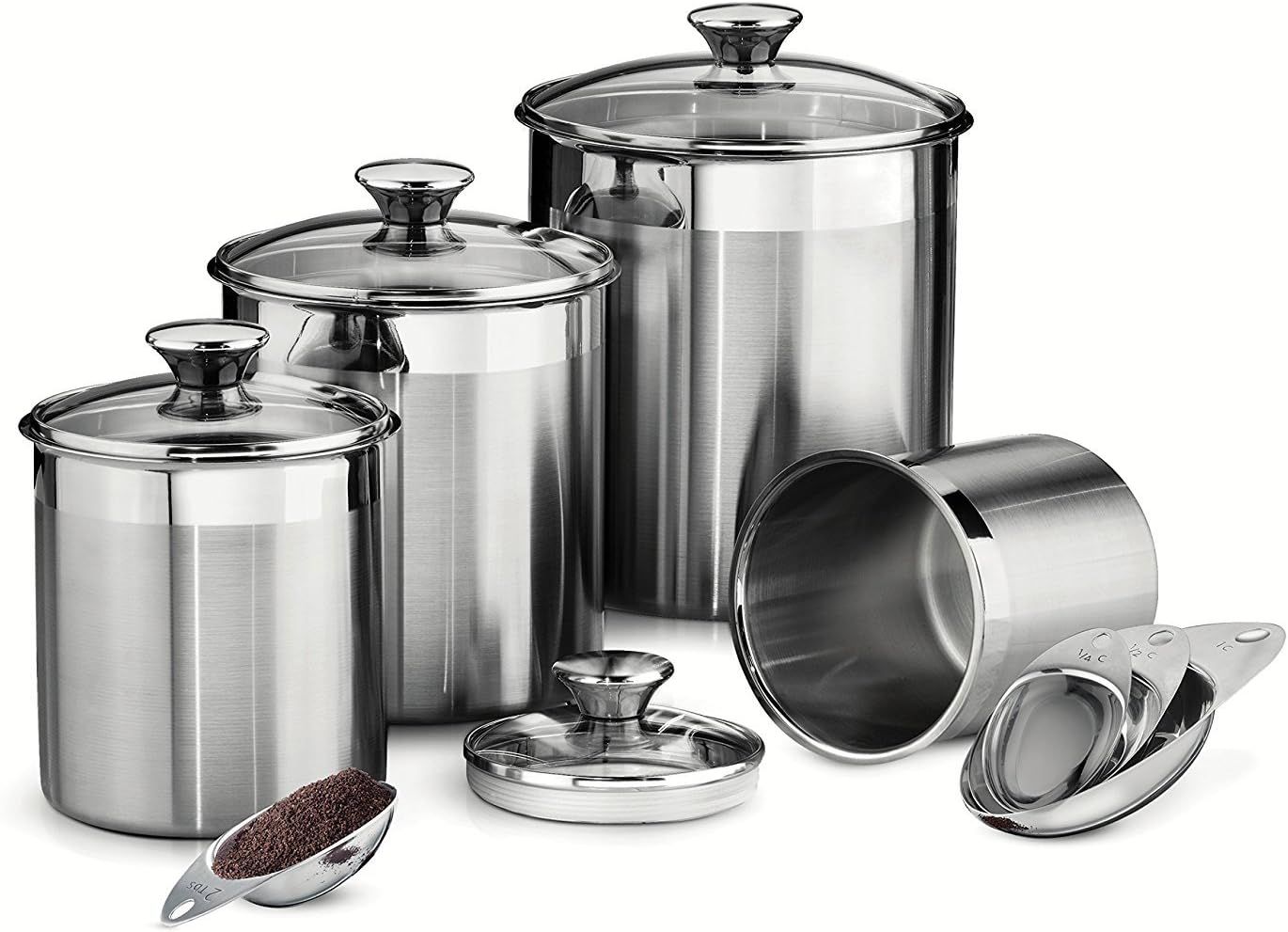 Stainless Steel 8-Piece Canister and Scoop Set with Glass Lids