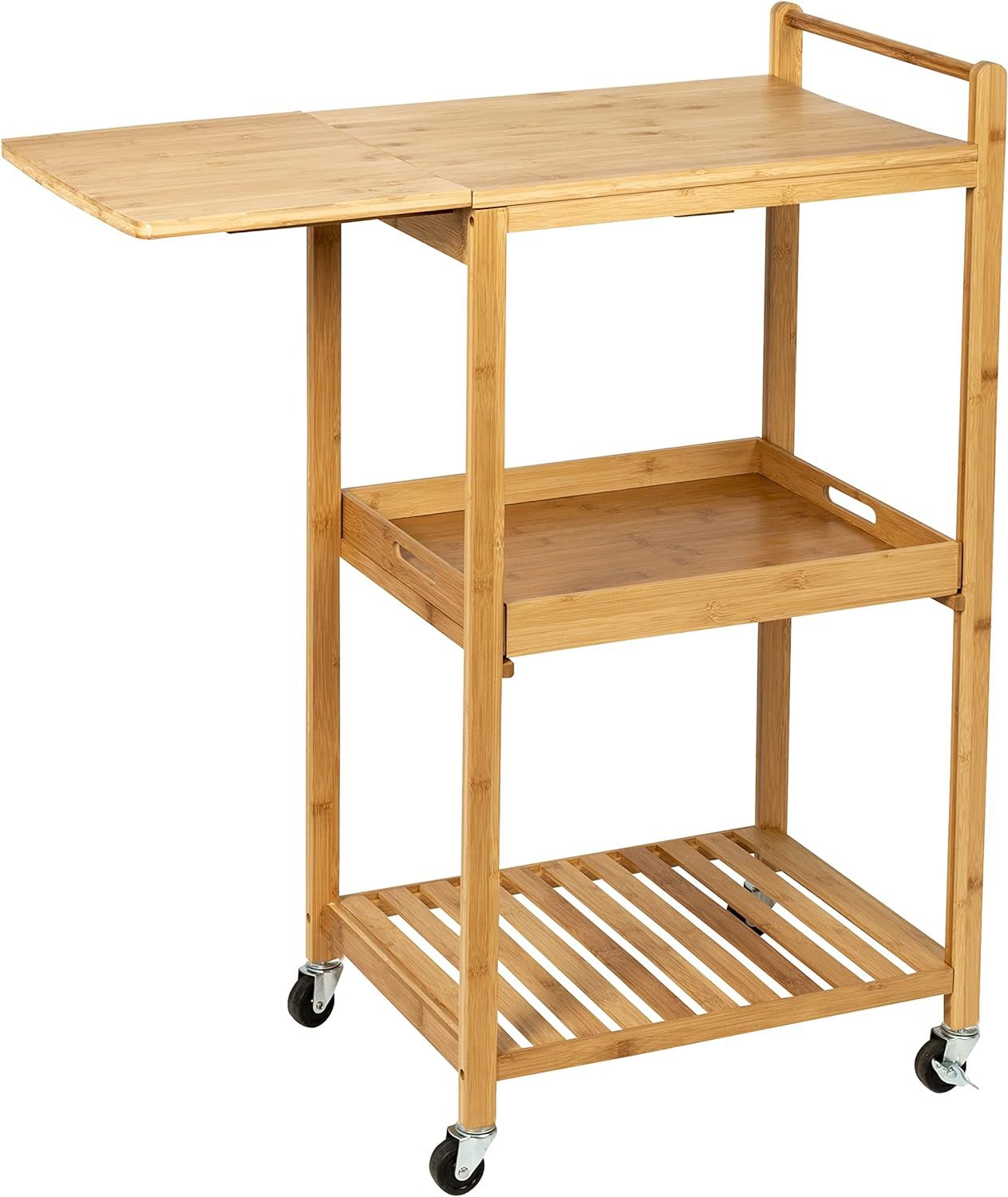 Compact Bamboo Drop-Leaf Kitchen Cart with Locking Casters and Storage