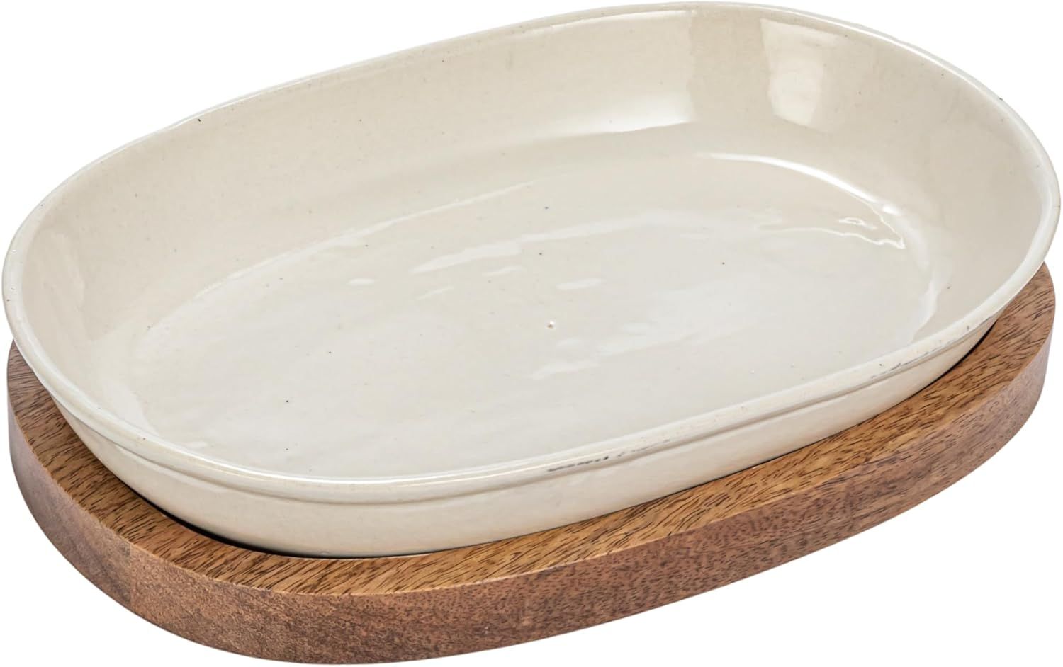 Cream Stoneware Serving Dish with Mango Wood Base