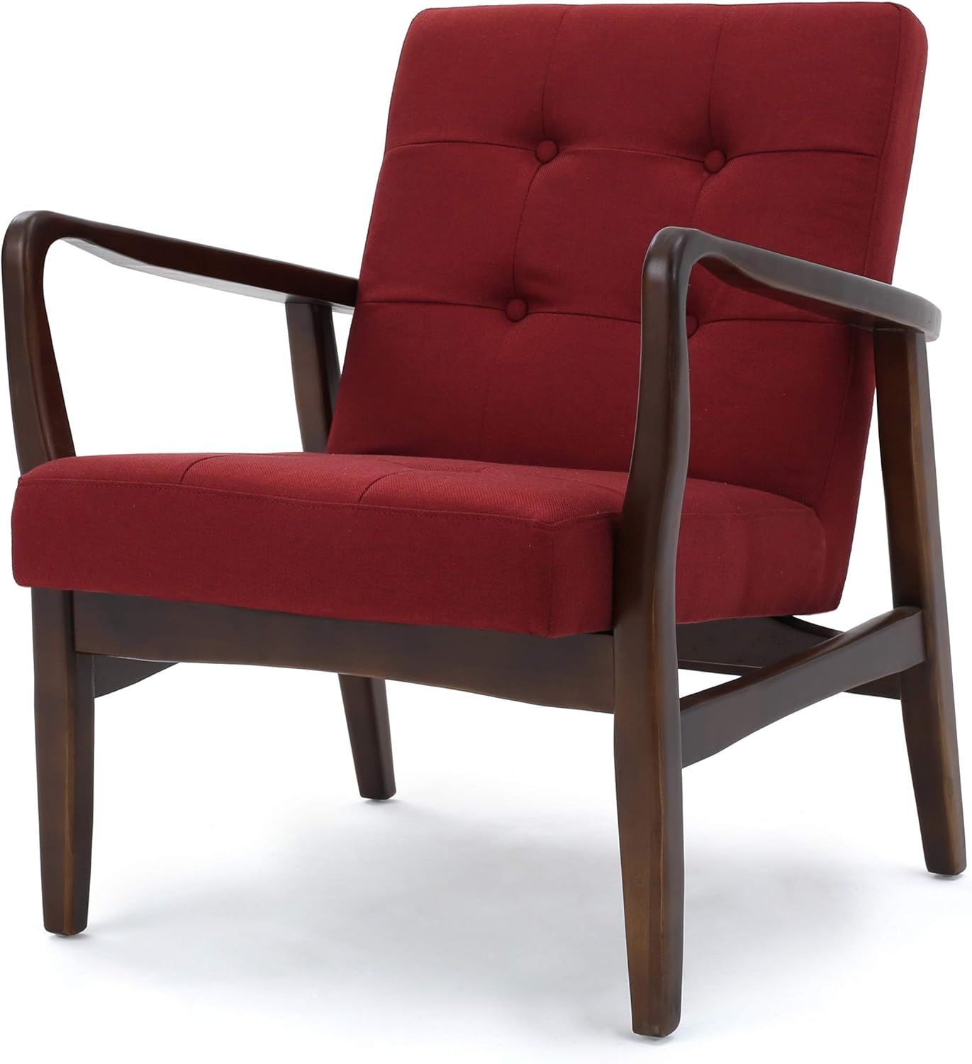 Mid-Century Modern Deep Red Wood Frame Club Chair with Arm Rest