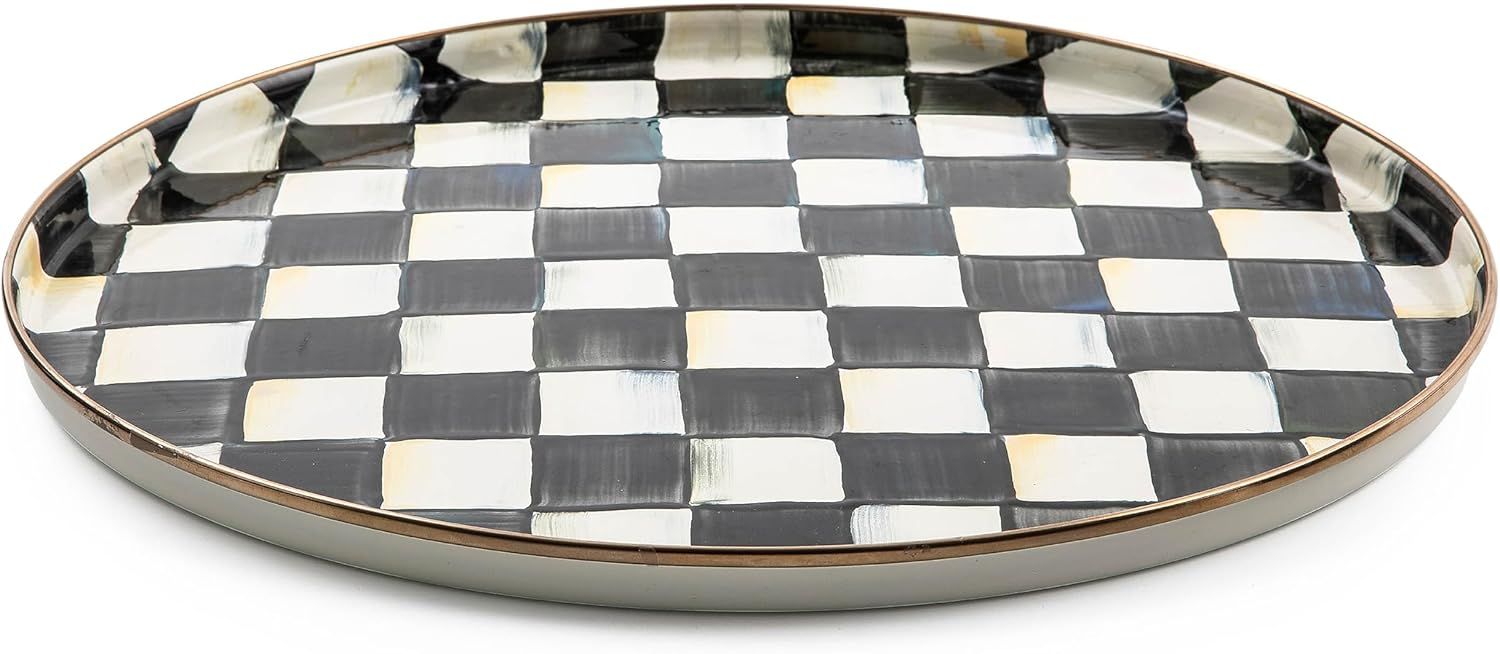 Courtly Check Black-and-White Enamel Round Serving Tray