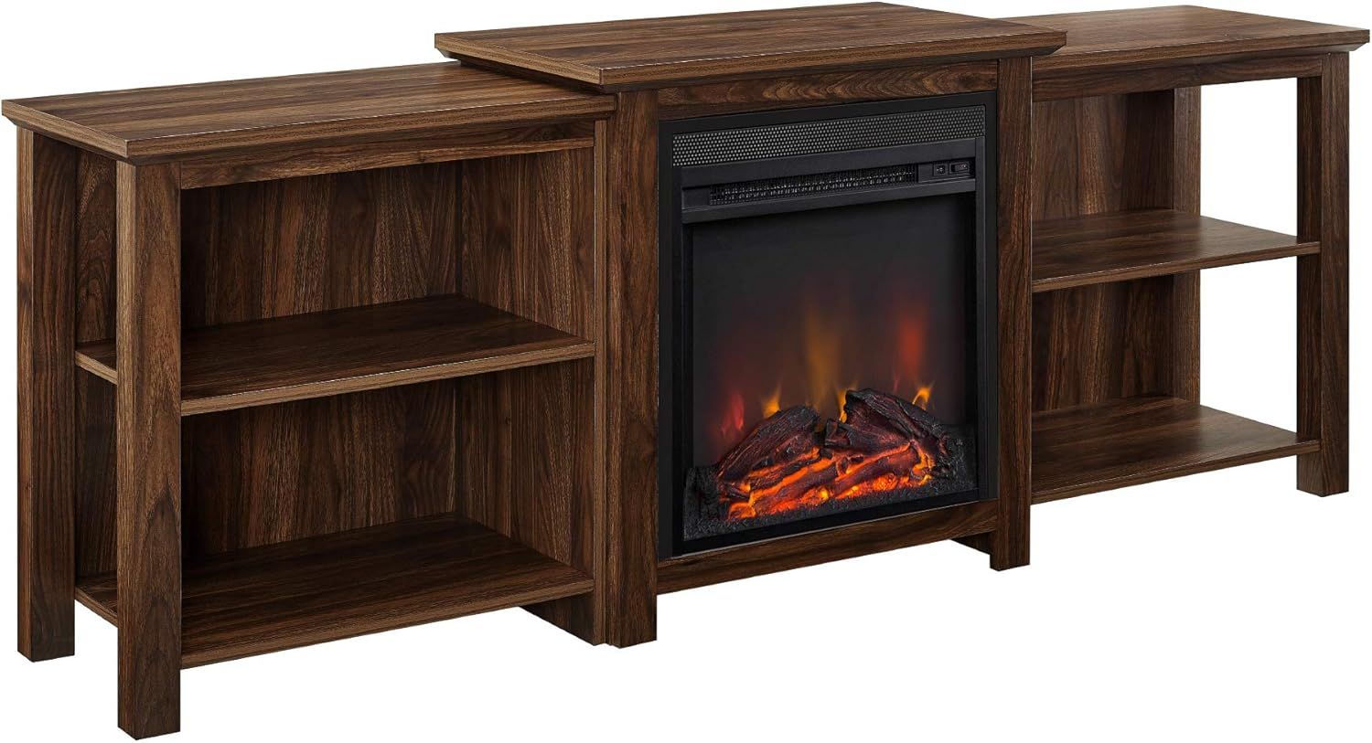 Tiered Dark Walnut 70" TV Console with Electric Fireplace and Open Shelves