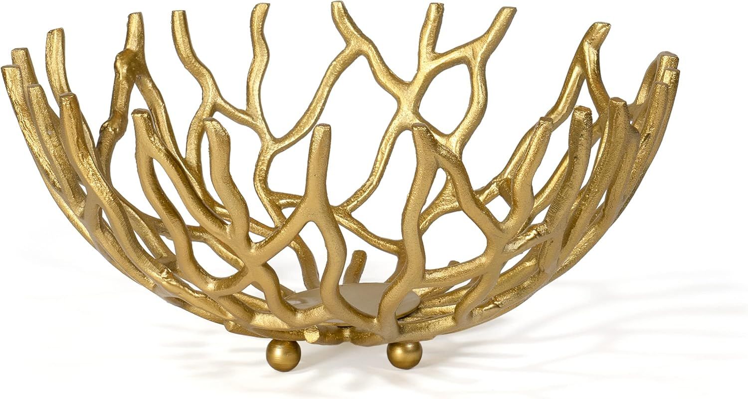 Golden Aluminum Coral Branch Decorative Centerpiece Bowl