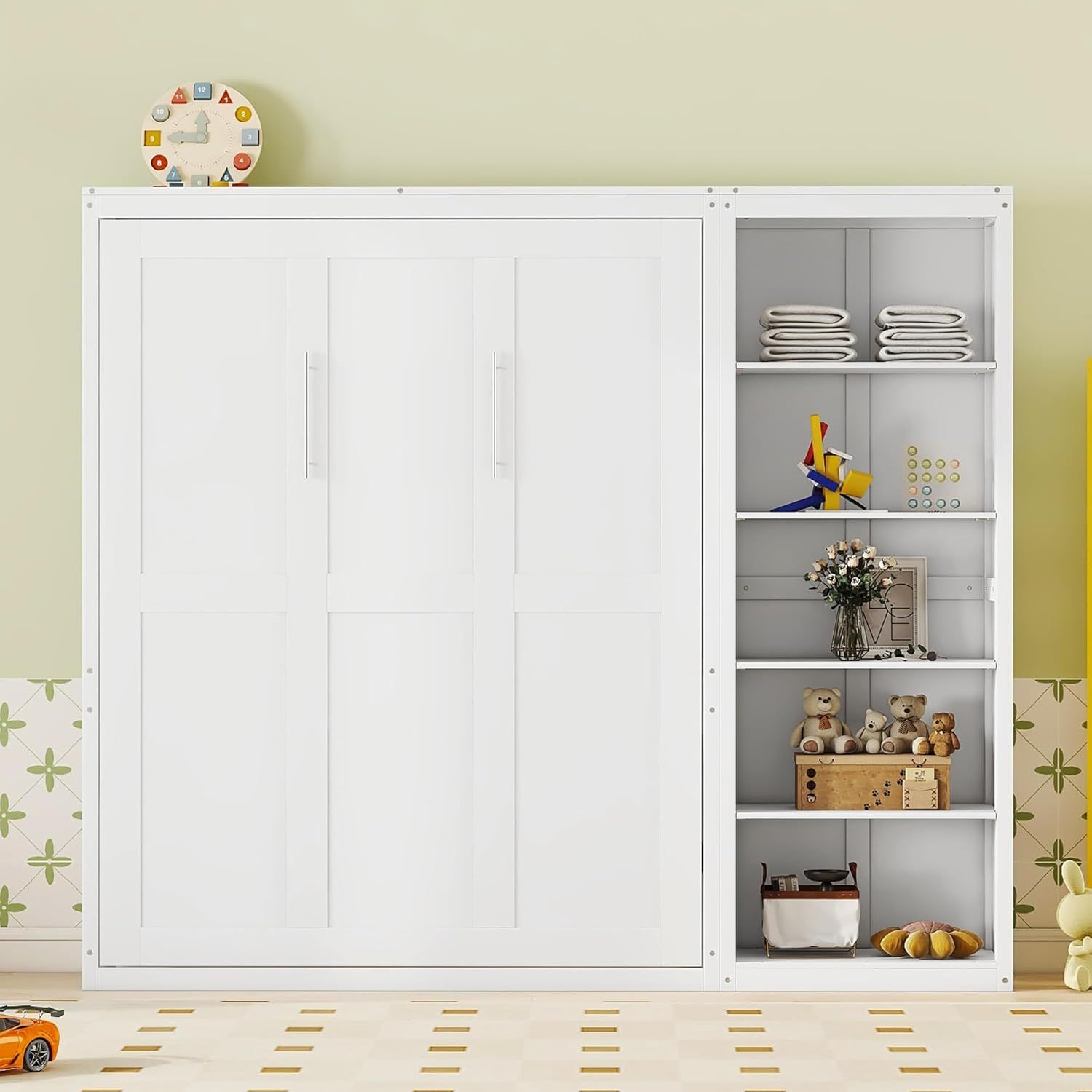 White Queen Murphy Bed with Shelves and Cabinet