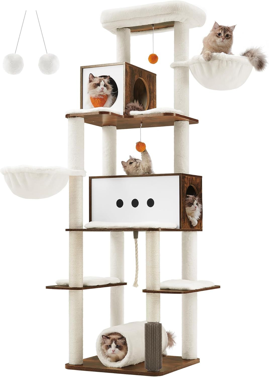 Rustic Brown Multi-Level Cat Tree with Hammocks and Caves