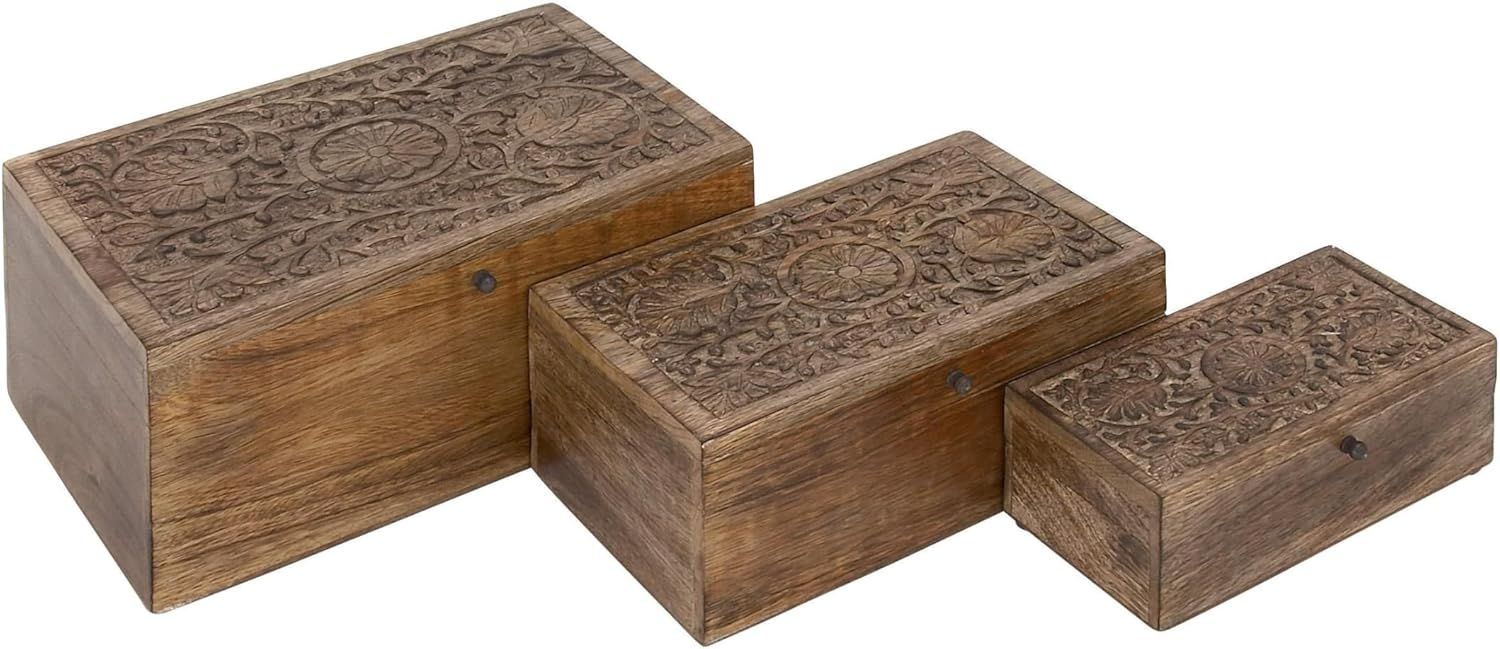 Rustic Mango Wood Floral Carved Lidded Box Set