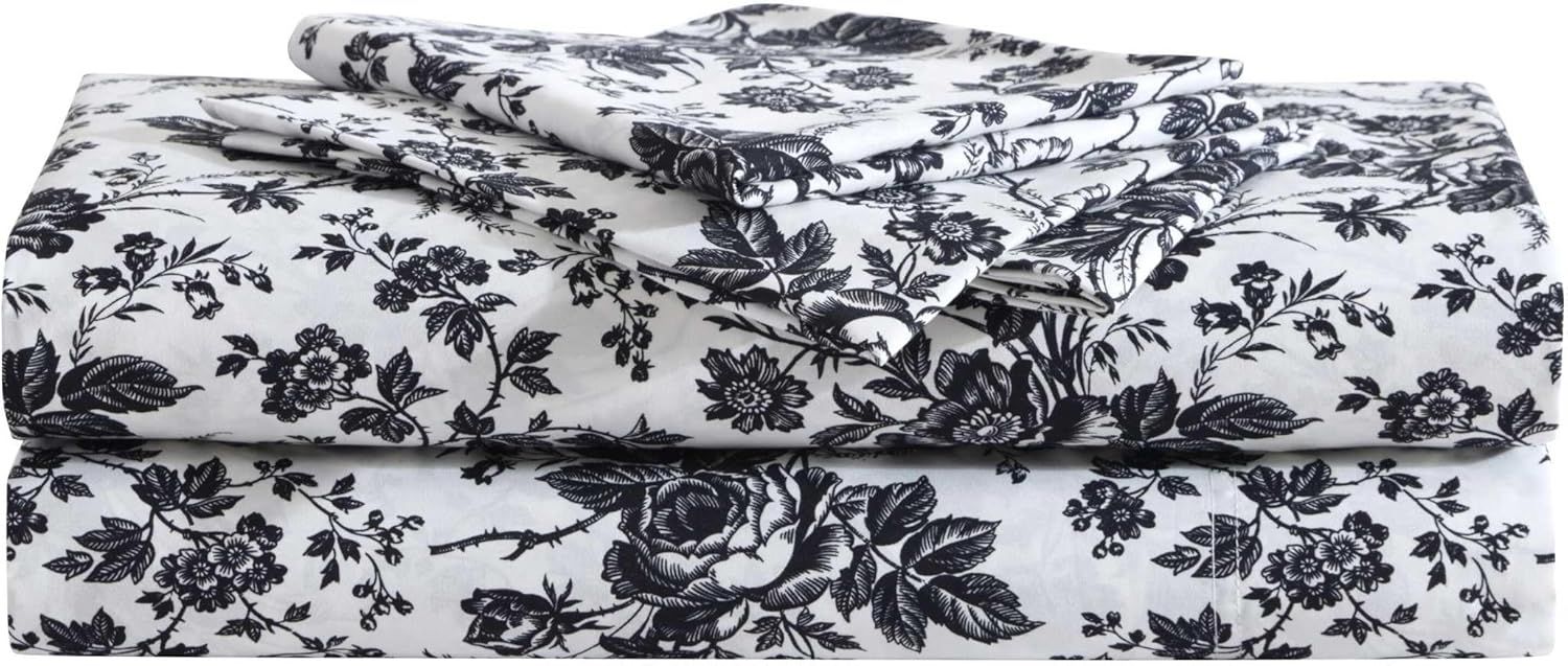 Black and White Floral Twin Microfiber Sheet Set