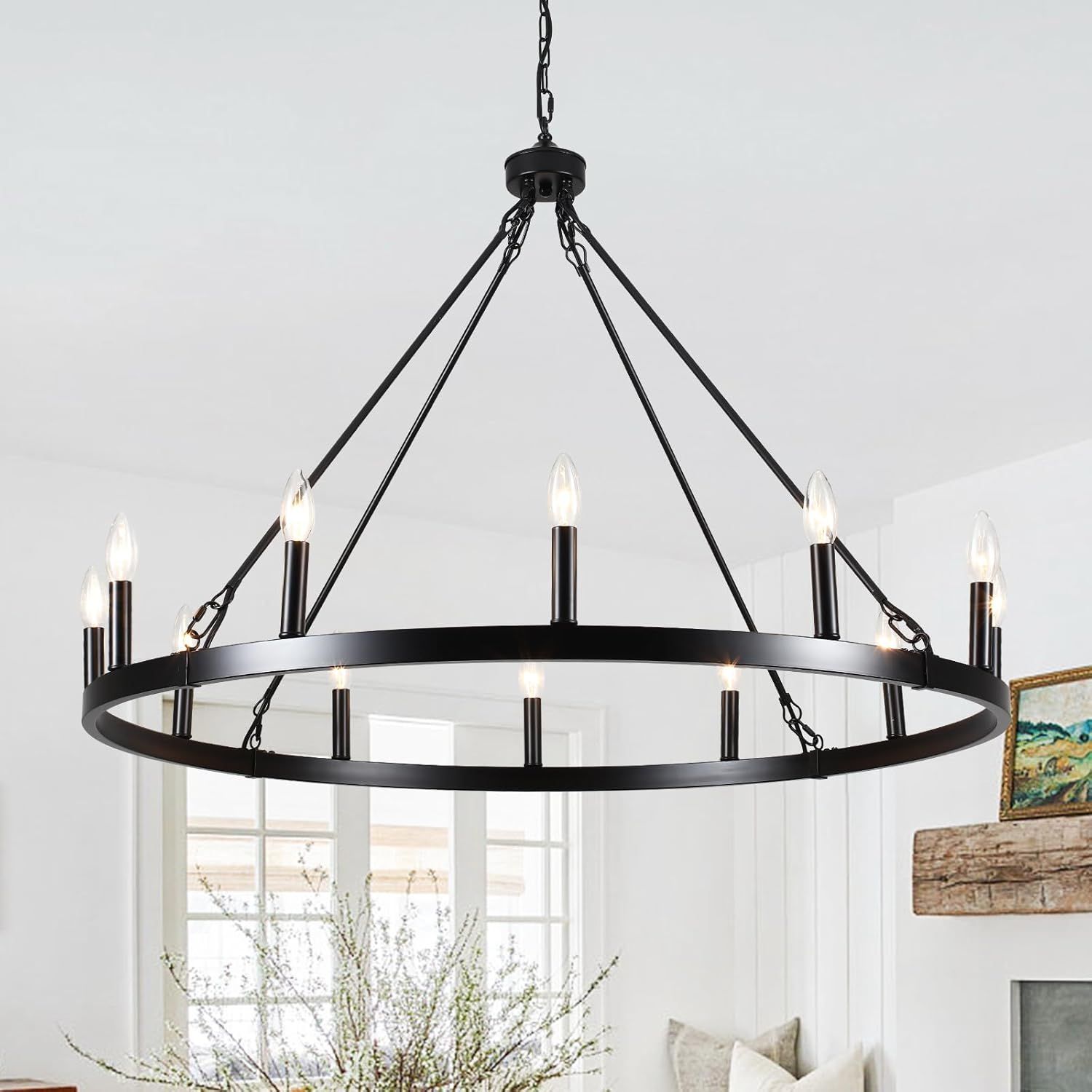 Black Metal 12-Light Outdoor Wagon Wheel Chandelier