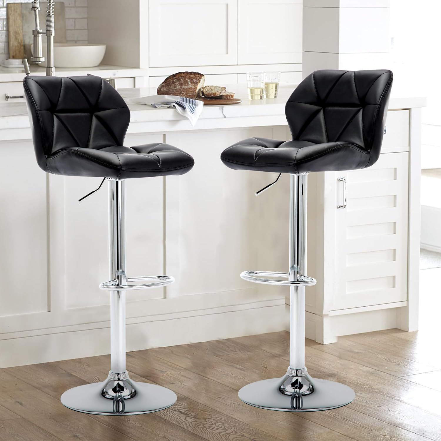 Adjustable Black Faux Leather Swivel Bar Stools, Set of 2