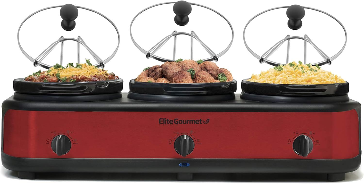 Red Triple Slow Cooker Buffet Server with Lid Rest