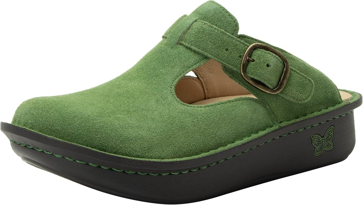 Women's Olive Green Suede Leather Buckle Clogs