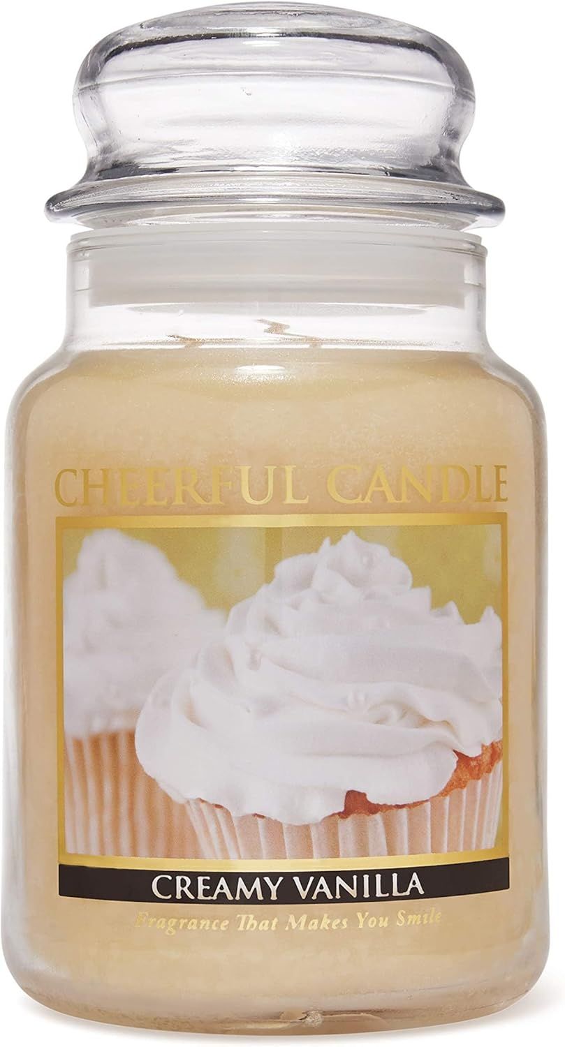 Creamy Vanilla Scented Glass Jar Candle with Lid, 24 oz