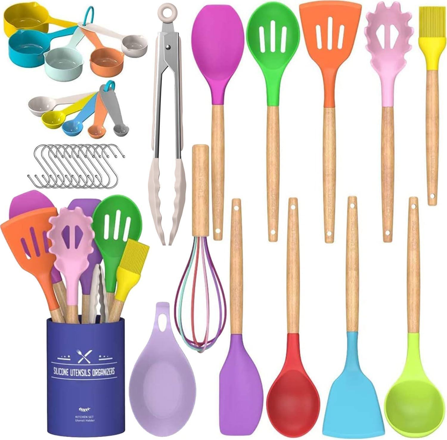 Colorful BPA-Free Silicone and Wood 33-Piece Cooking Utensil Set