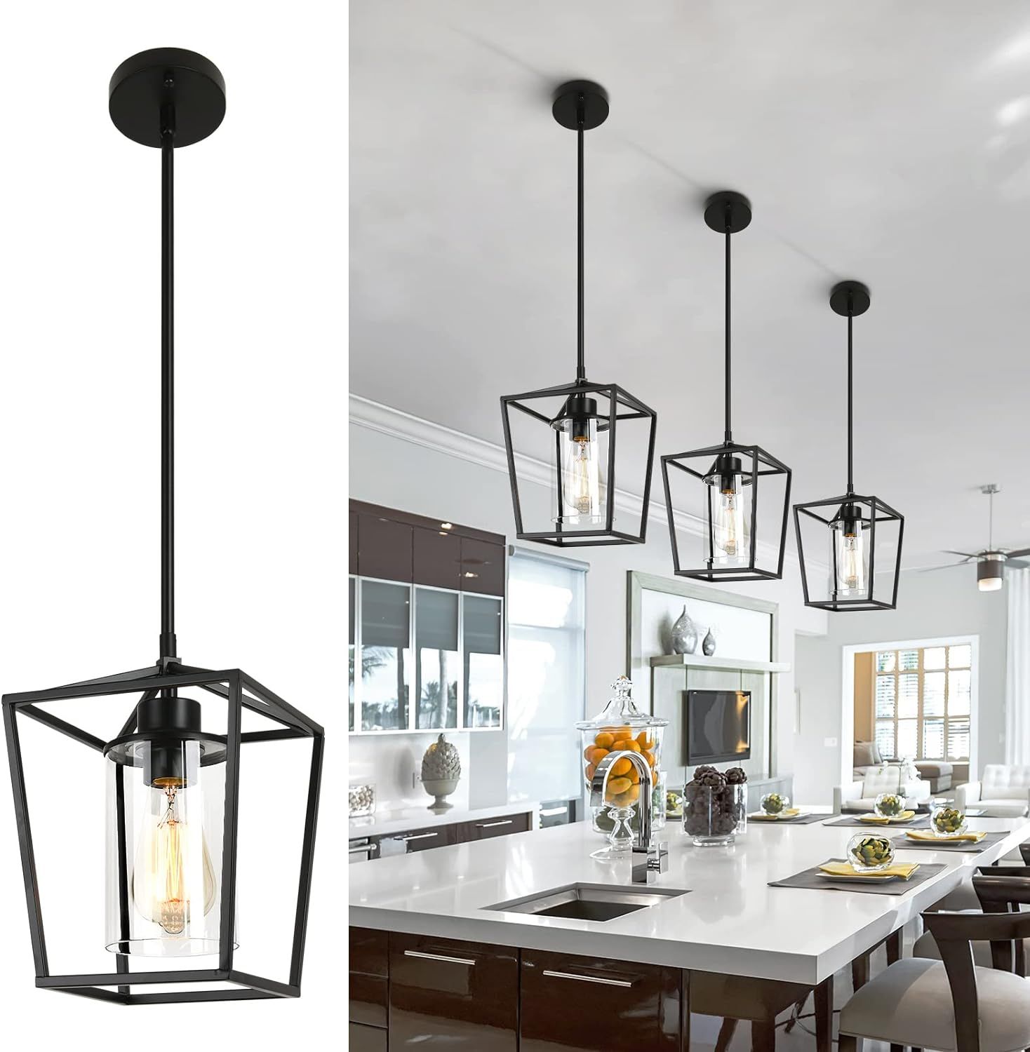 Black Iron Cage Pendant Light with Clear Glass Shade