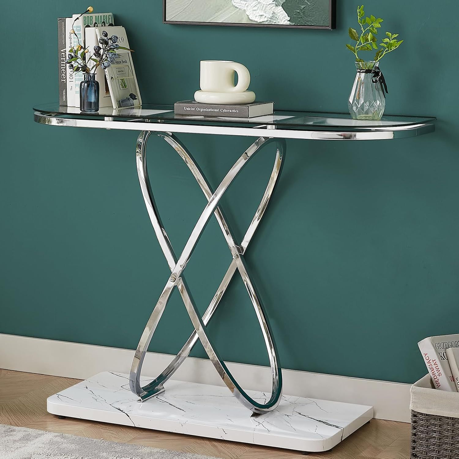 Silver and Clear Glass Console Table with Faux Marble Base