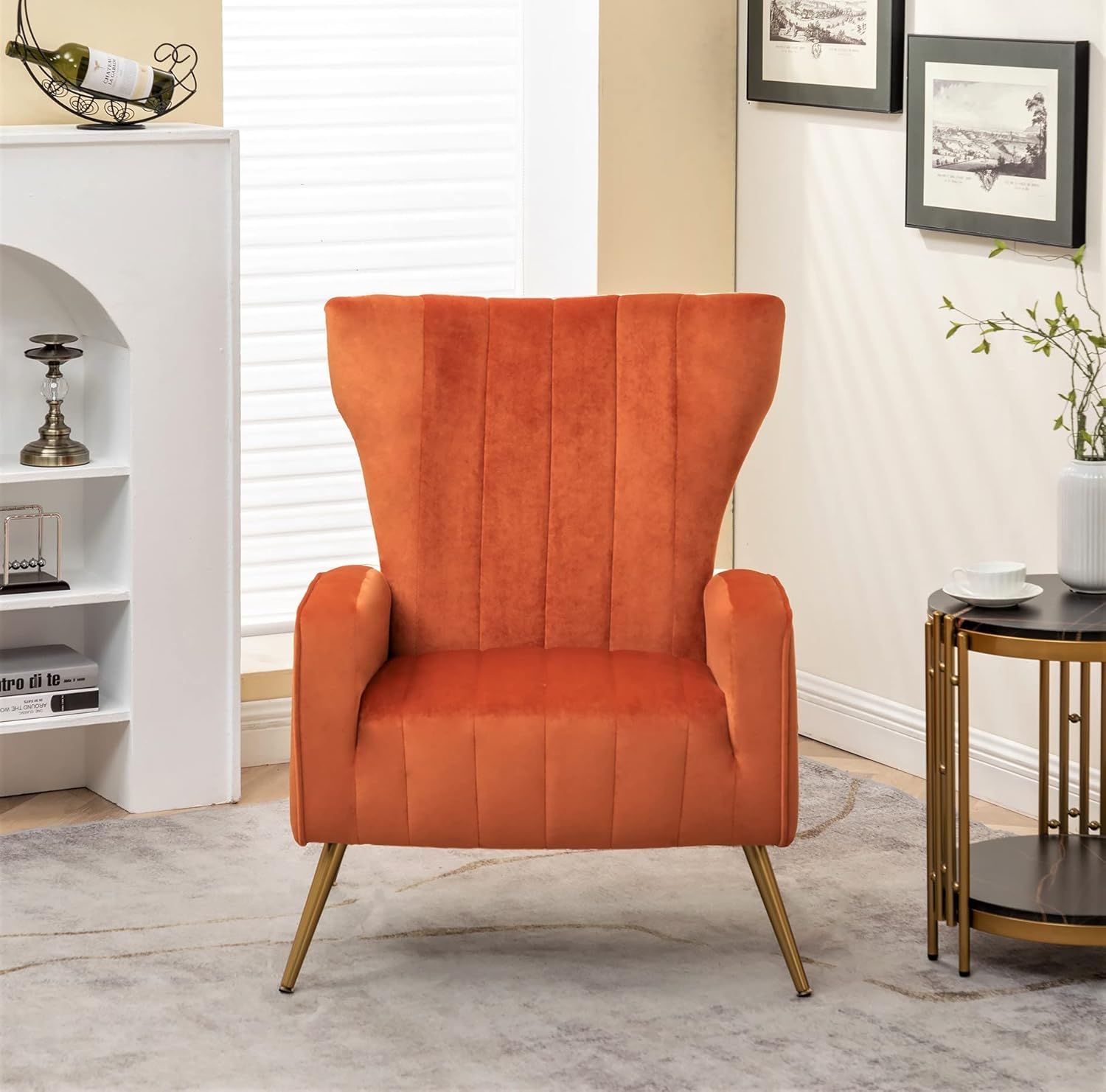 Orange Red Velvet Barrel Armchair with Wood Frame