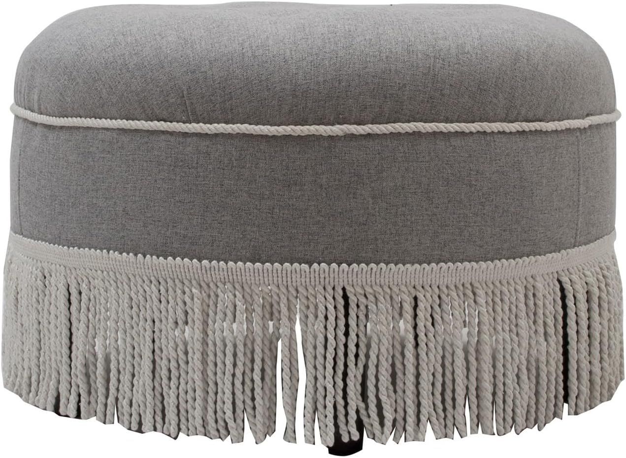 Yolanda Vintage Light Gray Tufted Round Ottoman with Ivory Tassels