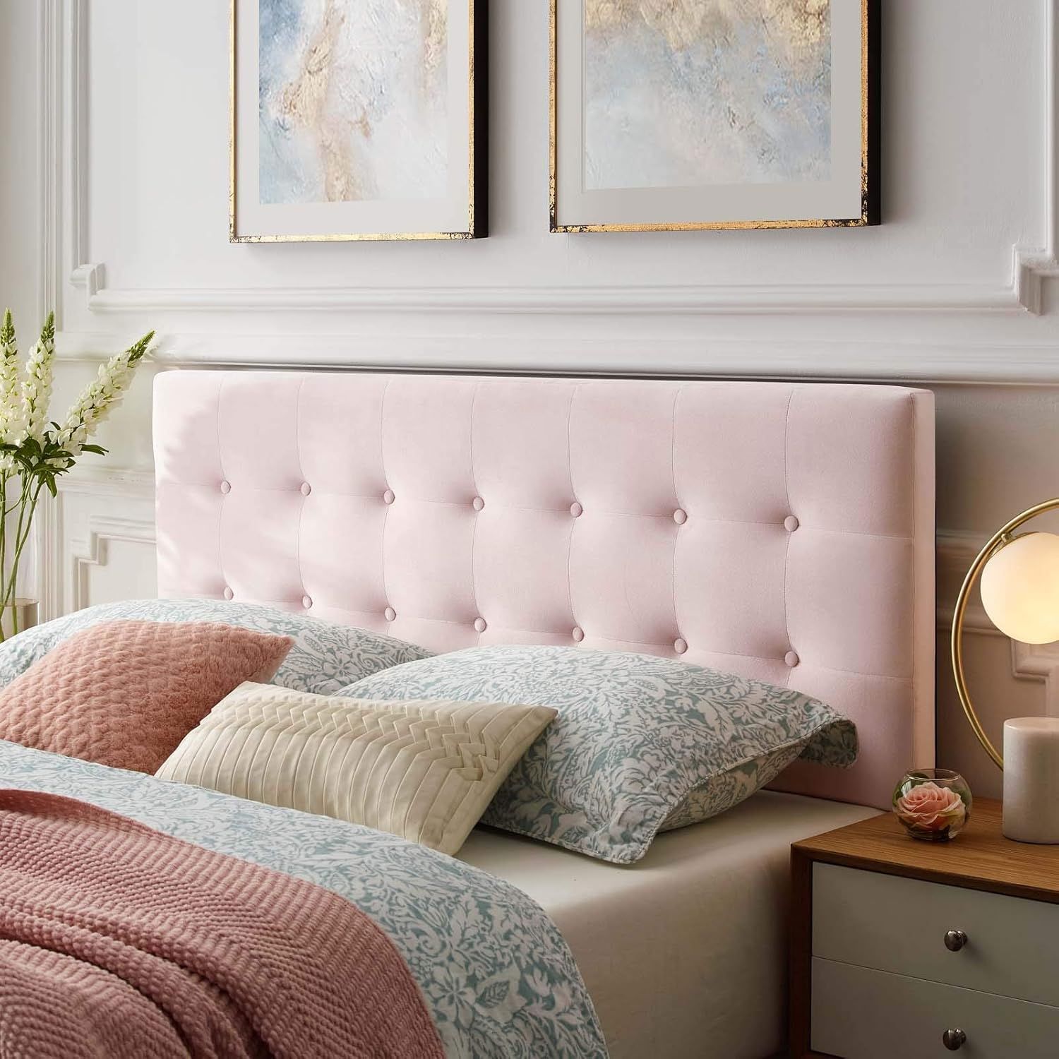 Pink Velvet Tufted Queen Headboard with Button Detailing