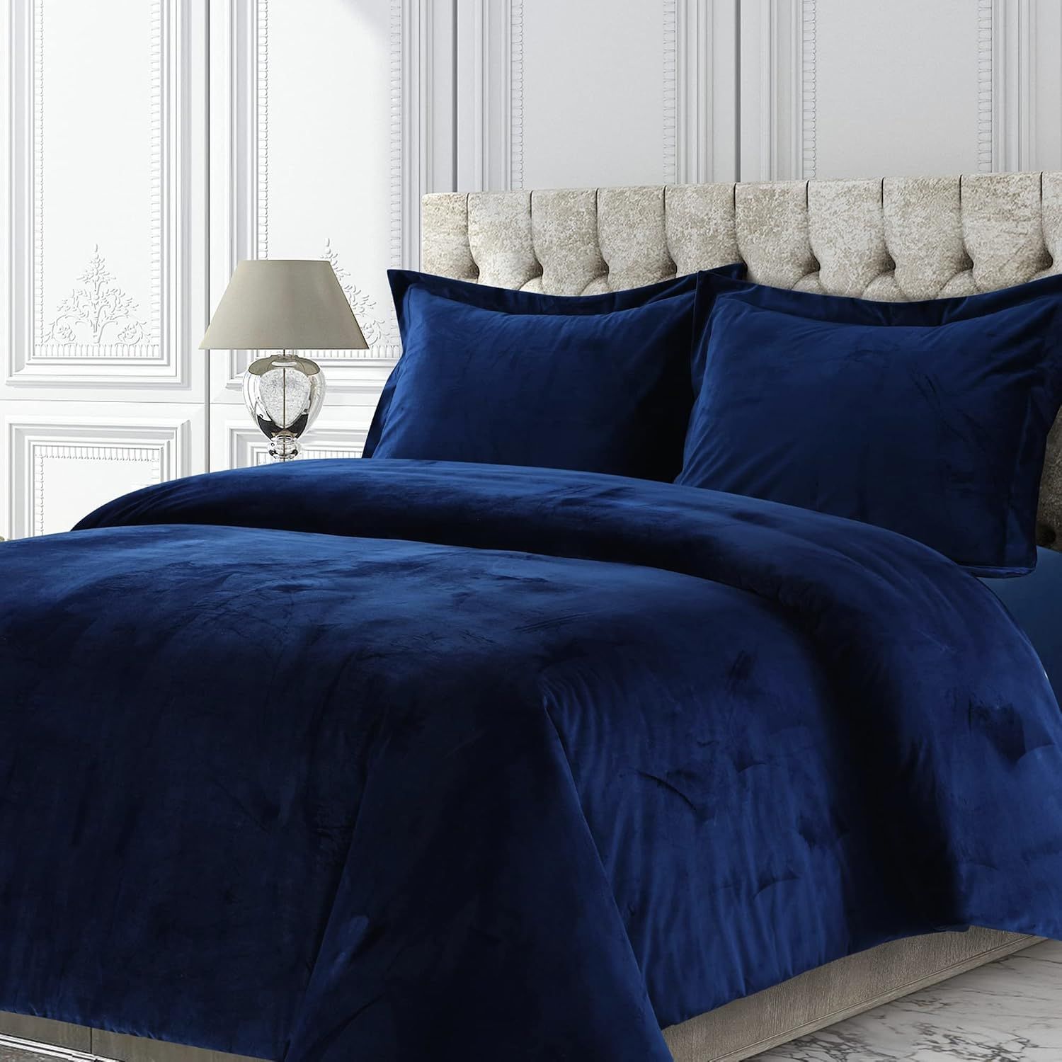 Luxurious Twin Navy Blue Velvet Bedspread Cover Set