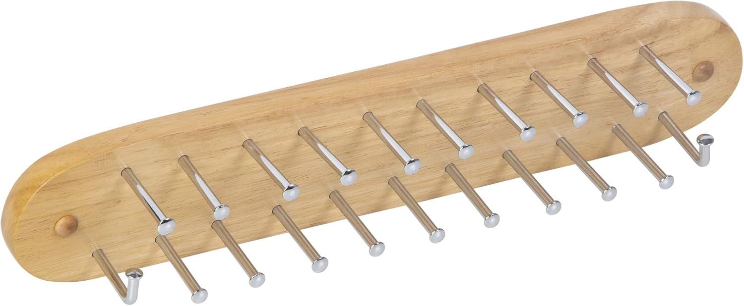 Natural Beechwood Wall-Mounted Tie and Belt Rack with Chrome Hooks