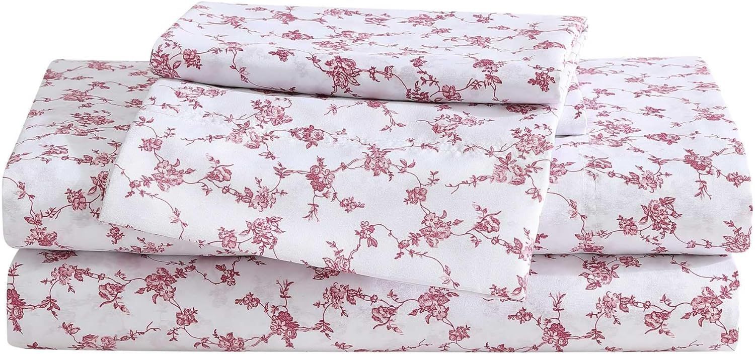 King White and Pink Floral Microfiber Sheet Set