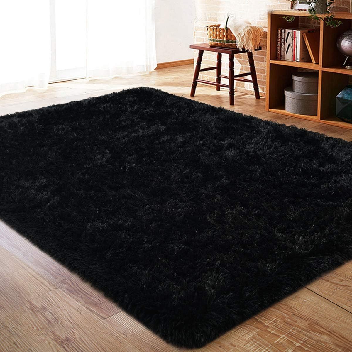 Black 4' x 6' Shaggy Velvet Non-Slip Area Rug