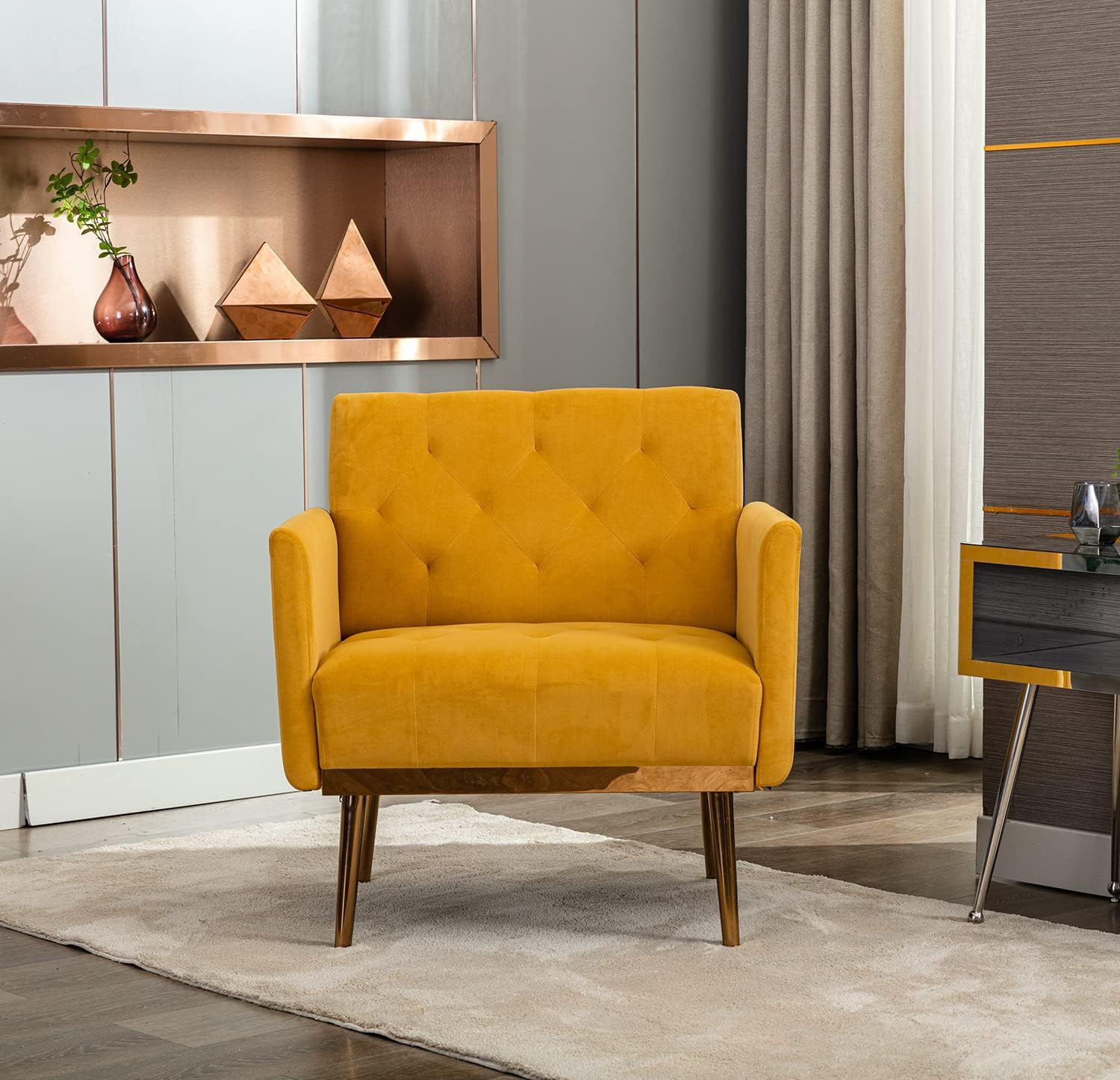 Mustard Velvet Barrel Accent Chair with Rose Gold Trim