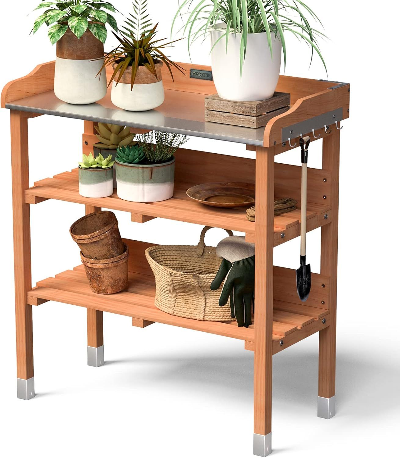 Natural Fir Wood Potting Bench with Galvanized Steel Top