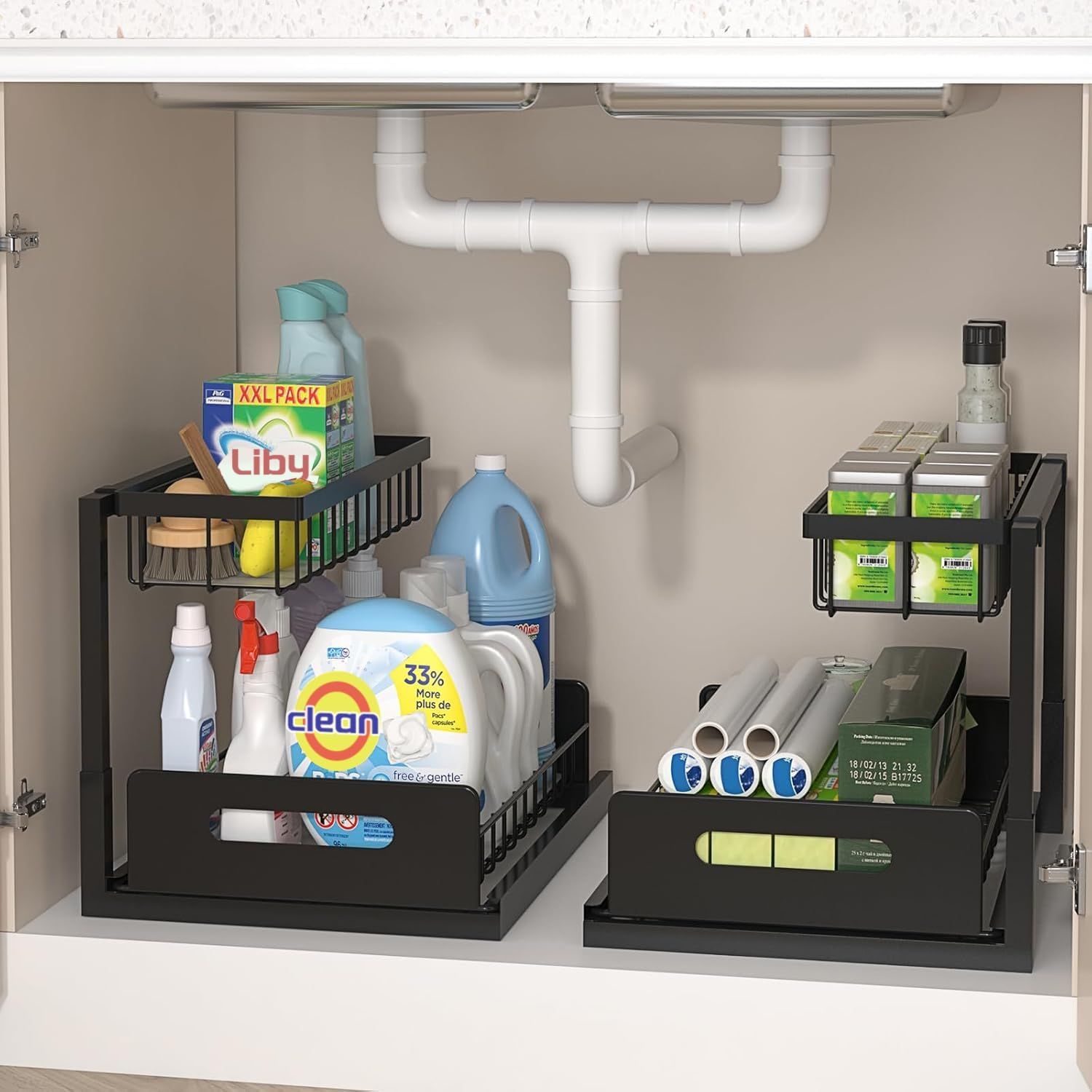 Black Metal 2-Pack L-Shaped Under Sink Organizers with Sliding Drawer