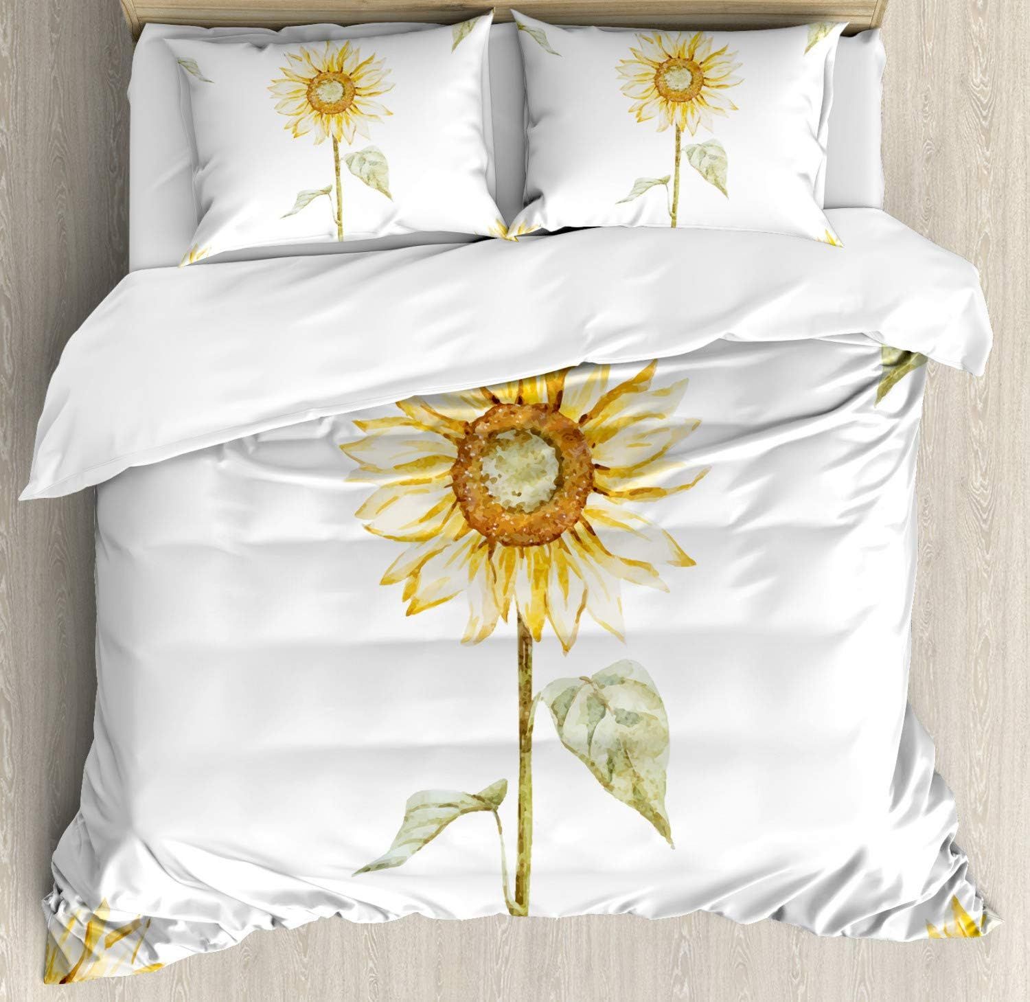 King Size Sunflower Watercolor Duvet Cover Set with Pillow Shams