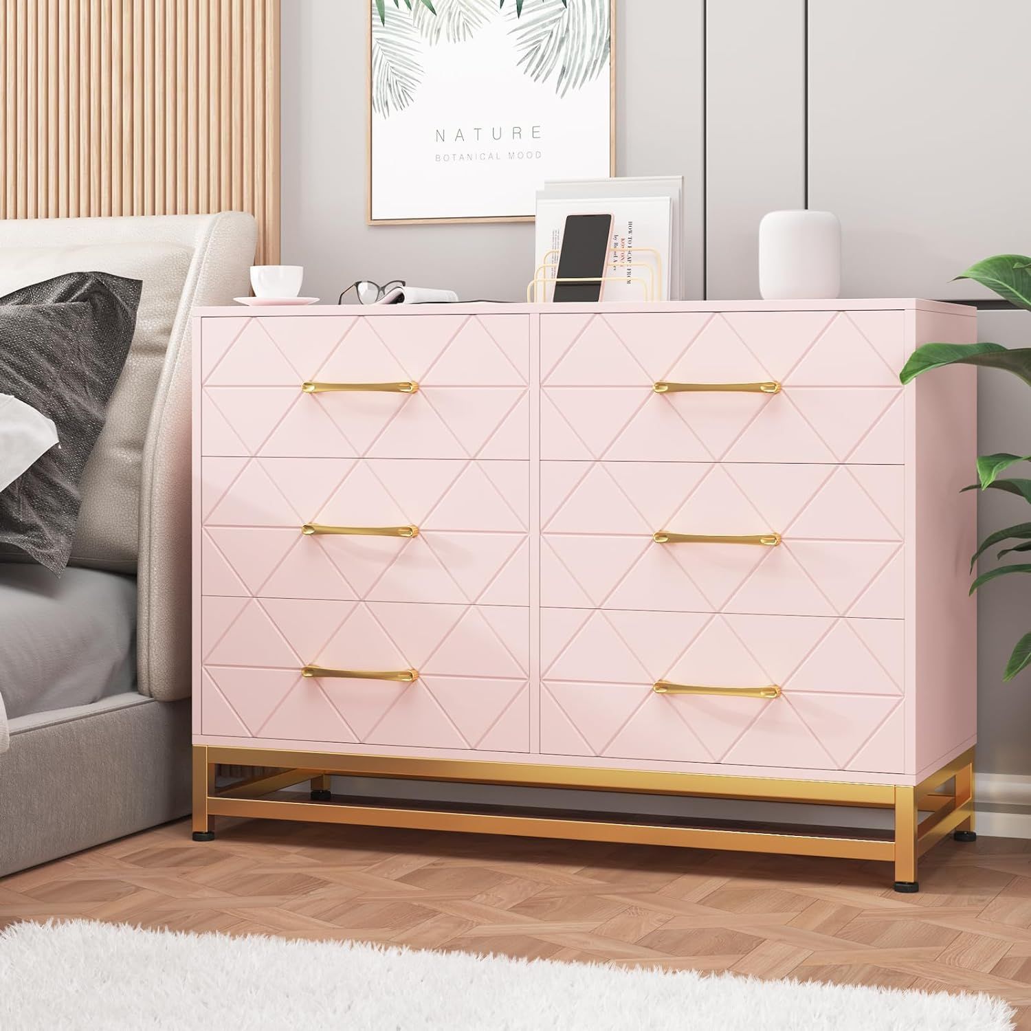 Pink 6-Drawer Dresser with Gold Handles and Metal Base