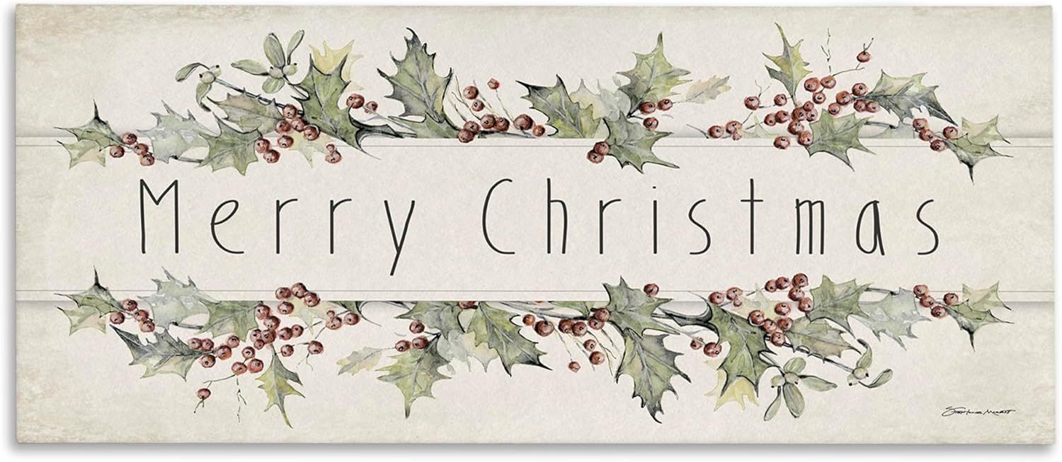 Beige Merry Christmas Holly Floral Canvas Wall Art, 10x24