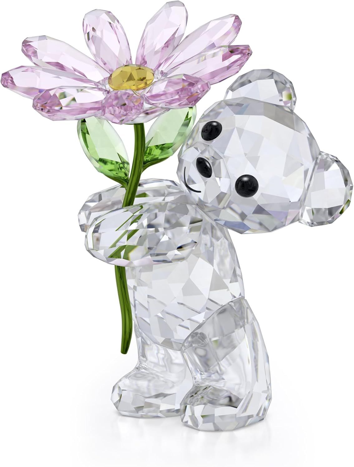 Crystal Bear Figurine with Pink Daisy Flower