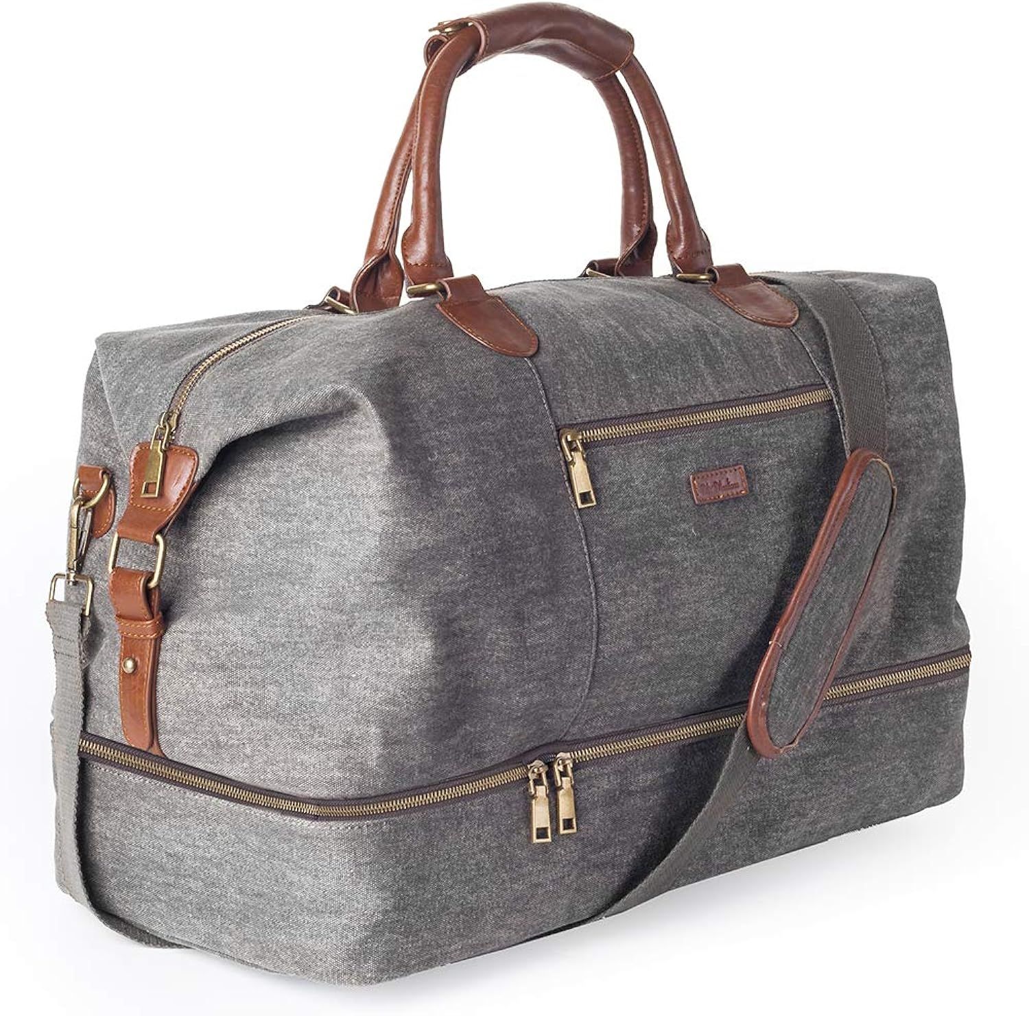 Gray Canvas Weekender Bag with Faux Leather Trim