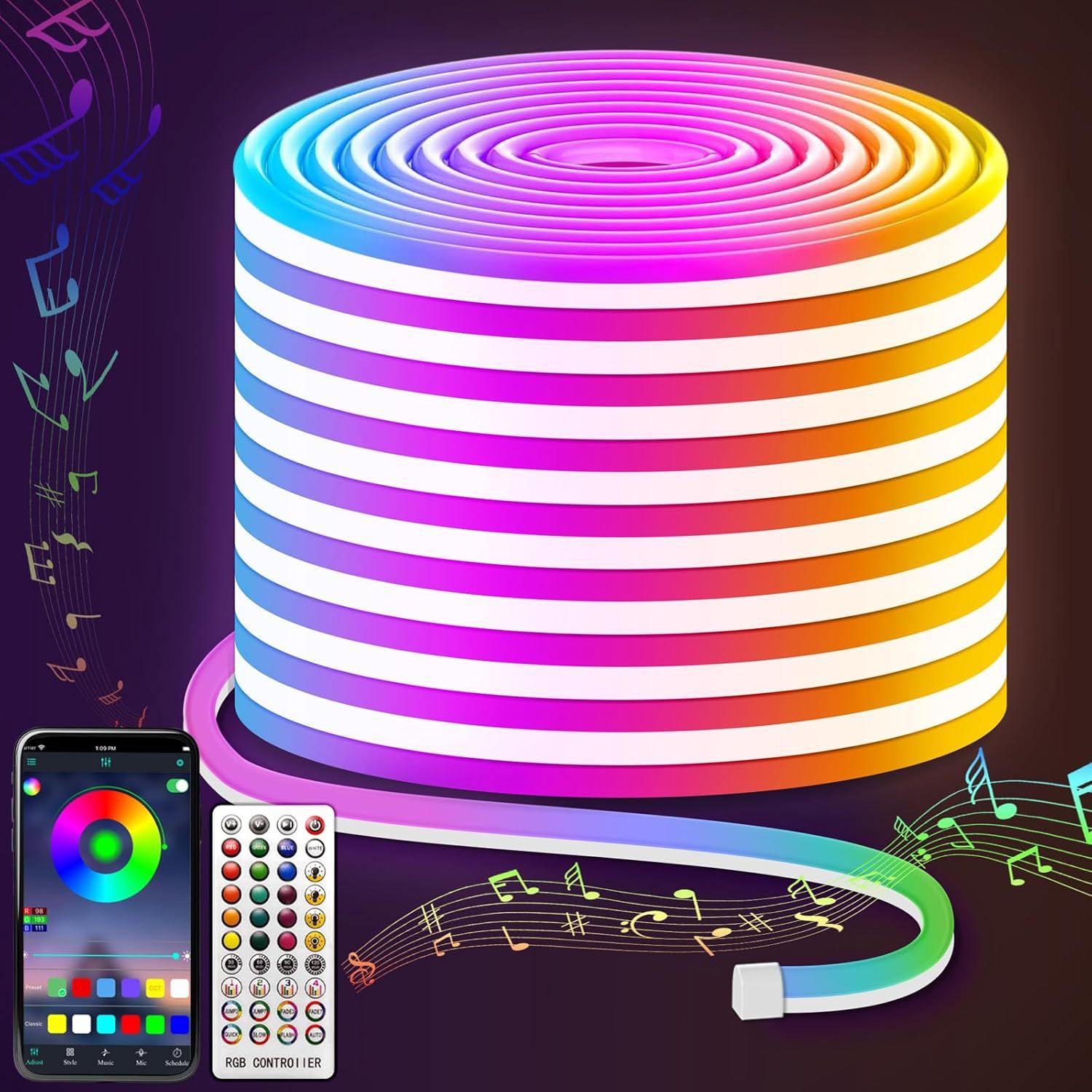 50ft RGB LED Neon Rope Lights with Remote Control